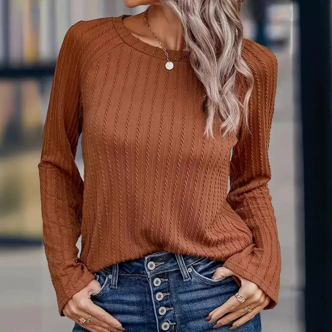Women’s Pullover T-Shirt – Ribbed Knit – Relaxed Fit – Long Sleeve – Round Neck