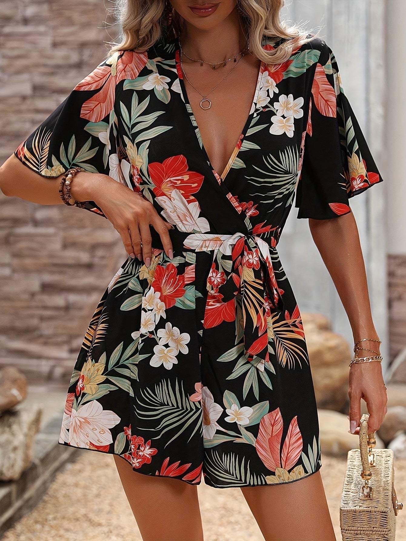 Women’s Romper – Wrap V-Neck – Ruffled Sleeves – Belted Waist – Cotton Blend – Floral Print
