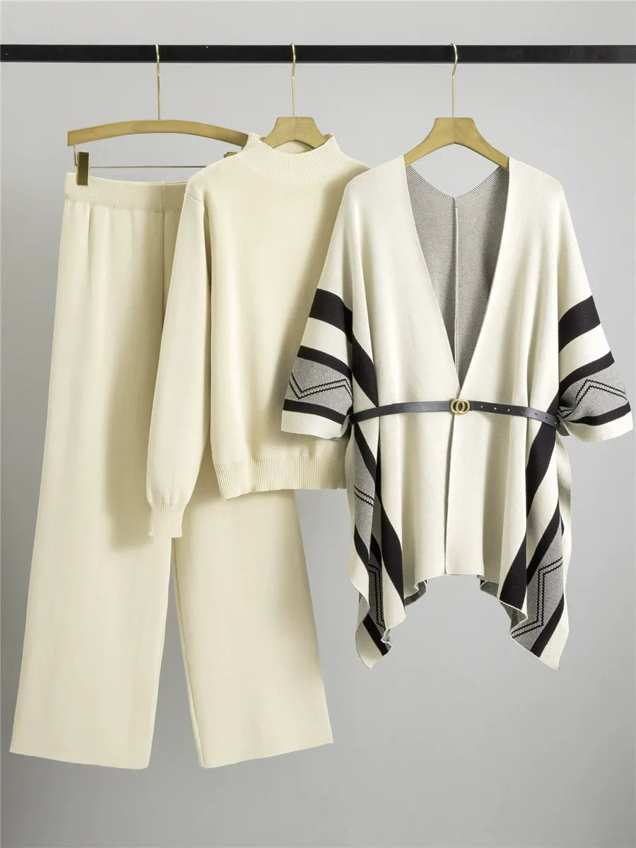 Women’s Three-Piece Shawl Cardigan – Knitted Soft Drape – Belted Mid-Thigh Length – Striped Sleeve