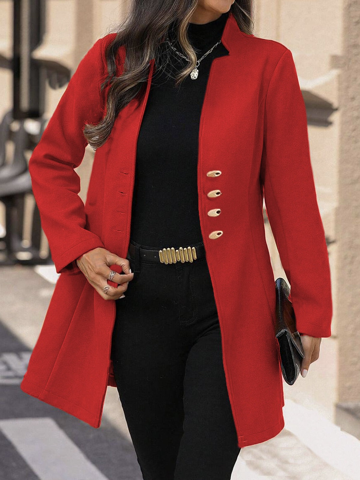 TrendAura Women’s Wool Coat - Slim Fit Mid Length Tailored Silhouette Button Closure