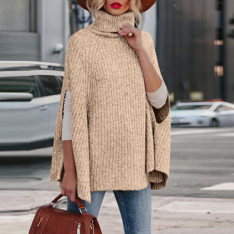 Women’s Cape – Loose Fit – Wool Blend Knit – High Neck – Arm Slit Design