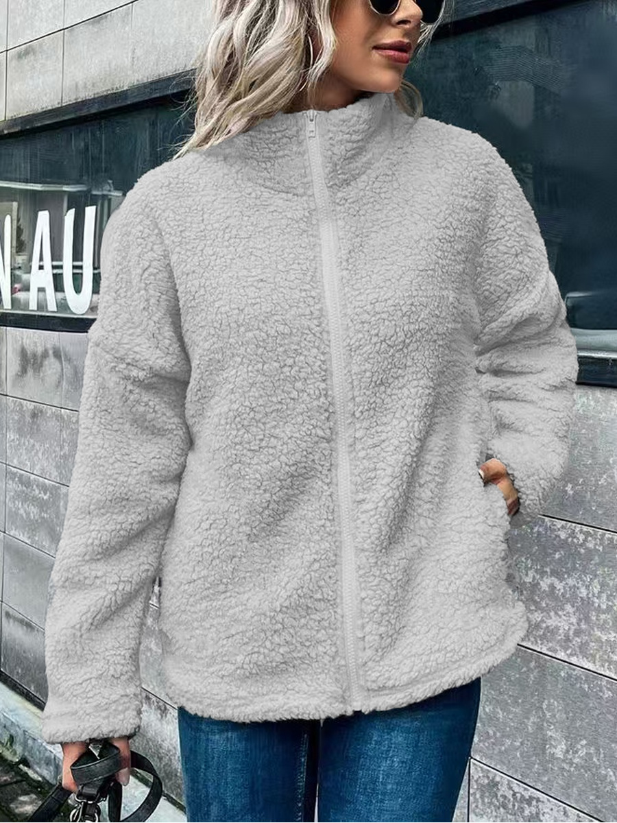 Women’s Fleece Coat – Oversized Fit – Wool Blend – Stand Collar – Long Sleeve Zip
