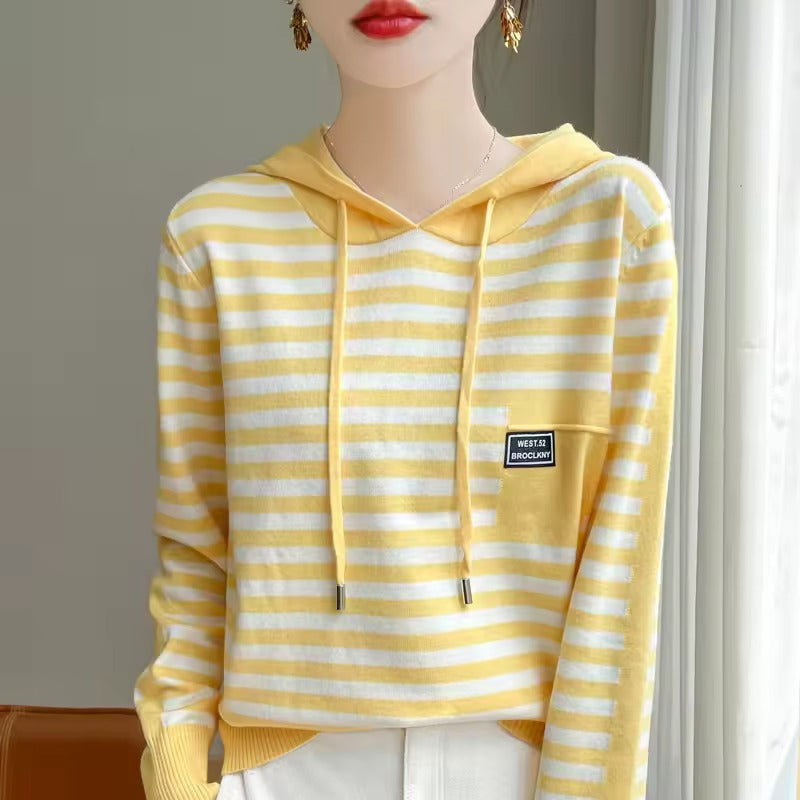 Women’s Sweater Hoodie – Relaxed Fit – Cotton Blend Knit – Striped – Ribbed Cuffs