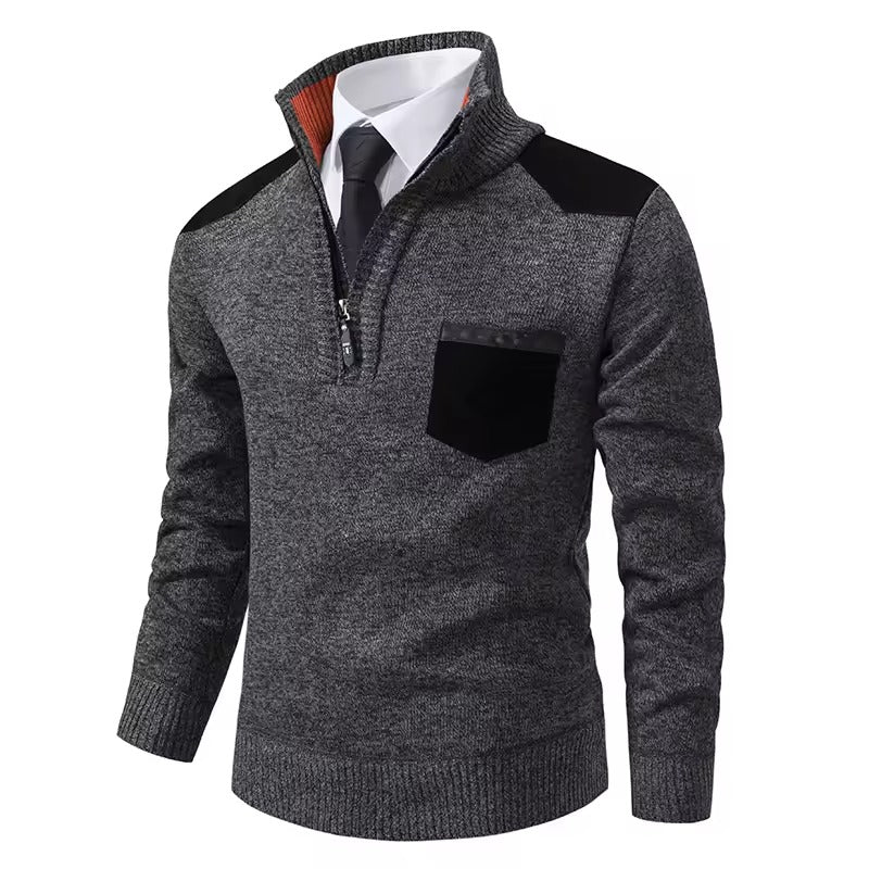 Men's Wool Knit Pullover Sweater Half Zip With Chest And Shoulder Patches Regular Fit