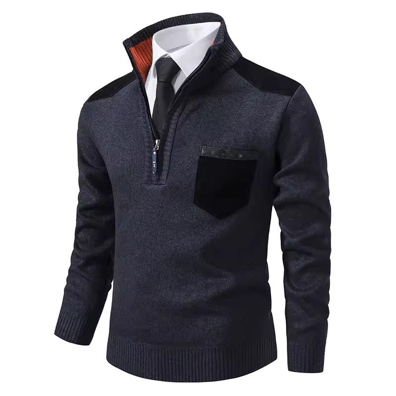 Men's Wool Knit Pullover Sweater Half Zip With Chest And Shoulder Patches Regular Fit