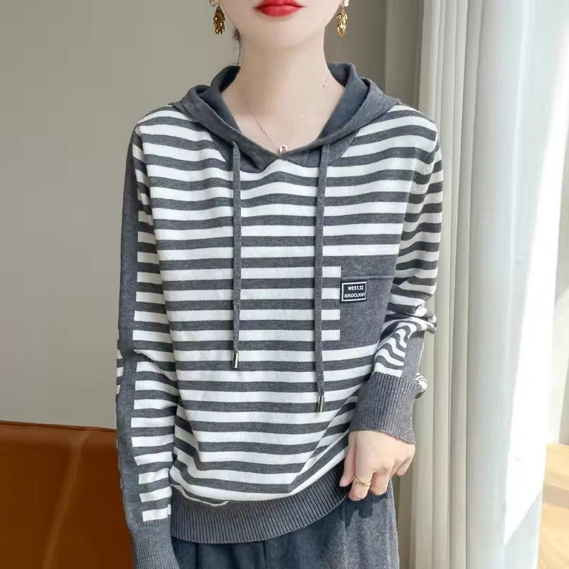 Women’s Sweater Hoodie – Relaxed Fit – Cotton Blend Knit – Striped – Ribbed Cuffs