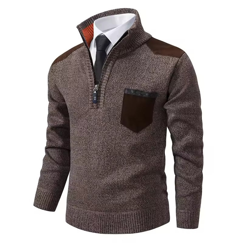 Men's Wool Knit Pullover Sweater Half Zip With Chest And Shoulder Patches Regular Fit