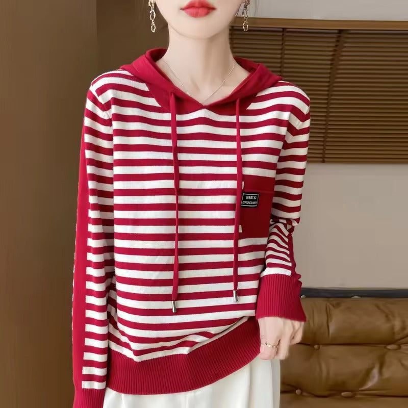 Women’s Sweater Hoodie – Relaxed Fit – Cotton Blend Knit – Striped – Ribbed Cuffs