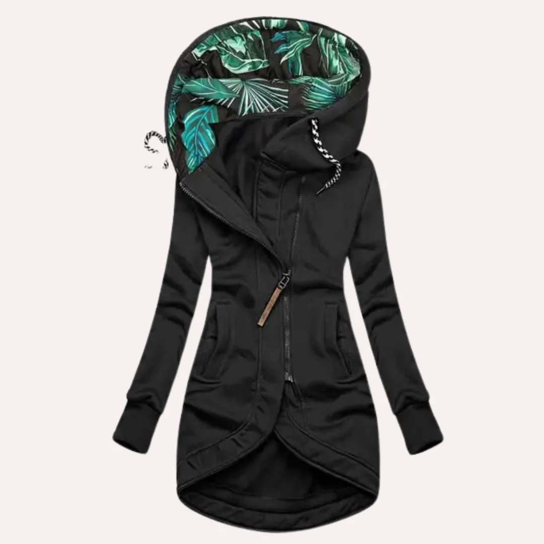 Women’s Fleece Jacket – Slim Fit – Hooded with Printed Lining – Asymmetrical Zip Closure