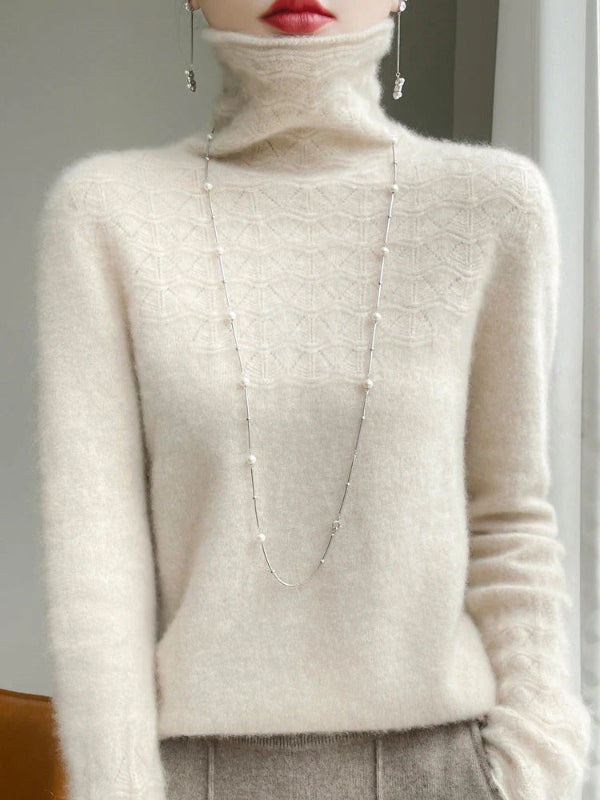 Women’s Turtleneck Sweater – Slim Fit – Wool Blend – Hollow Knit Design