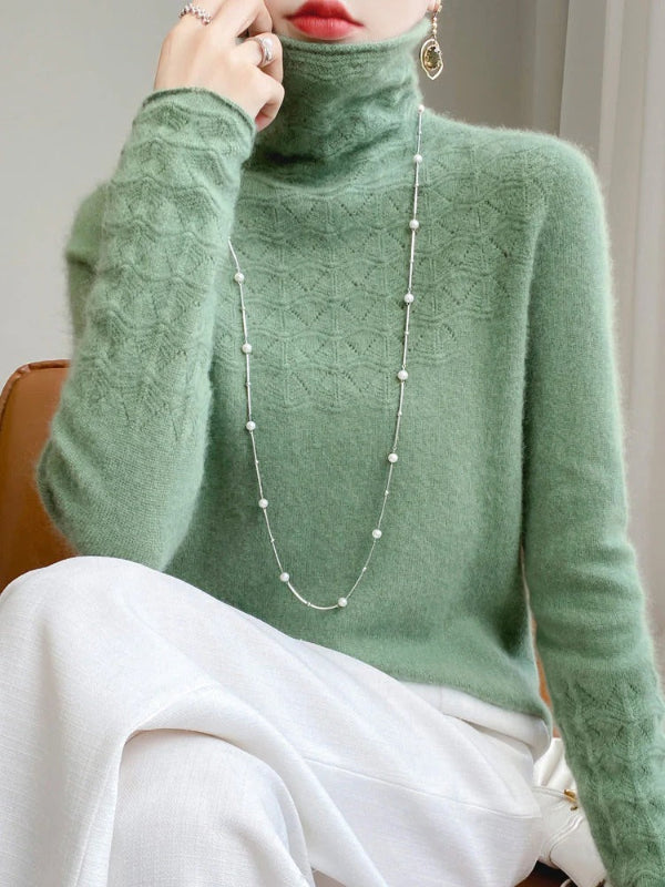 Women’s Turtleneck Sweater – Slim Fit – Wool Blend – Hollow Knit Design