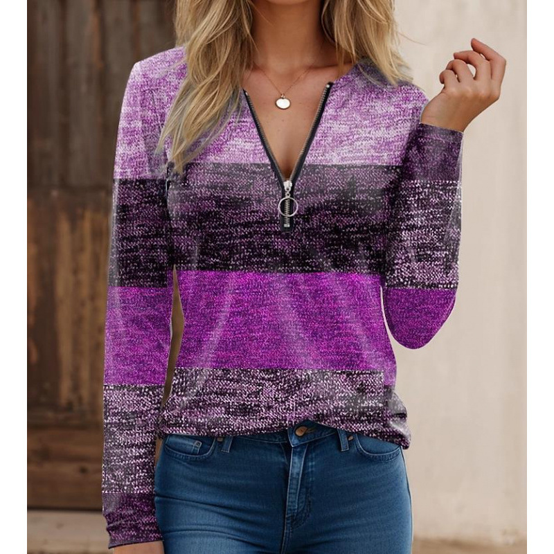 Women’s Long Sleeve Shirt – Knit Fabric – Zipper Collar – Spliced Stripe Print – Regular Fit