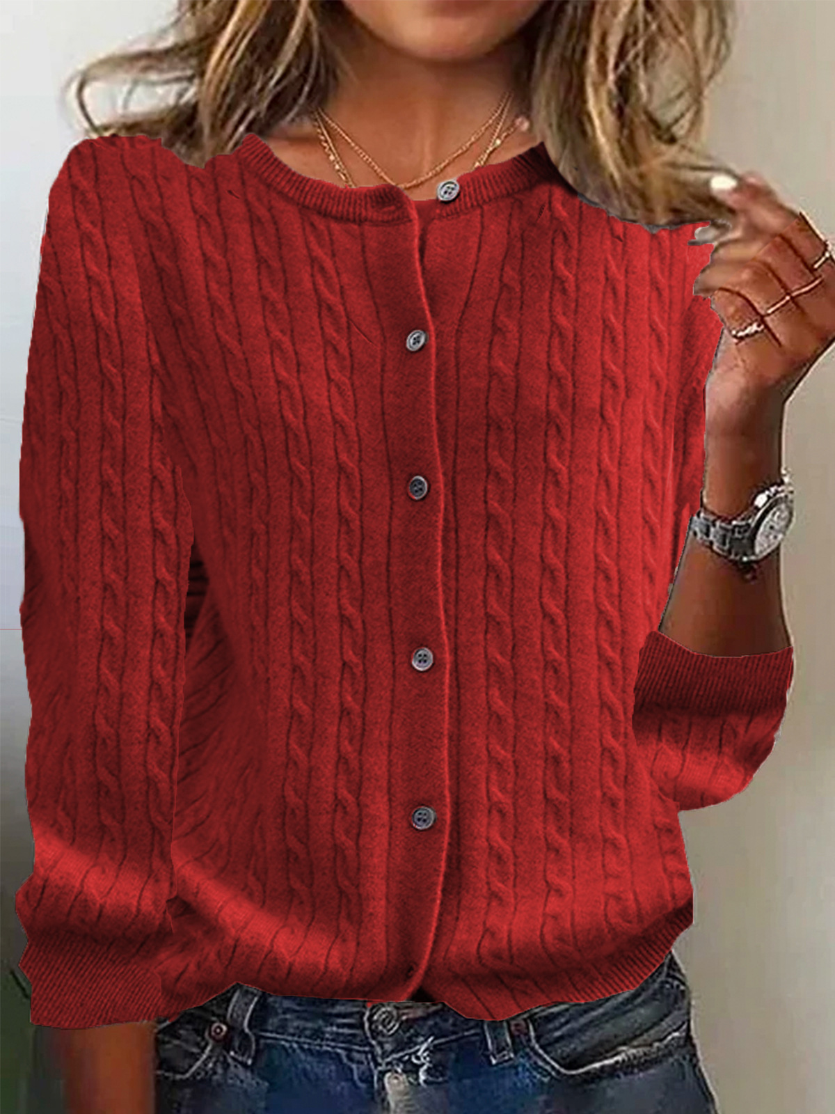Women’s Cardigan Sweater – Wool Knit – Relaxed Fit – Cable Pattern – Button Front – Long Sleeve