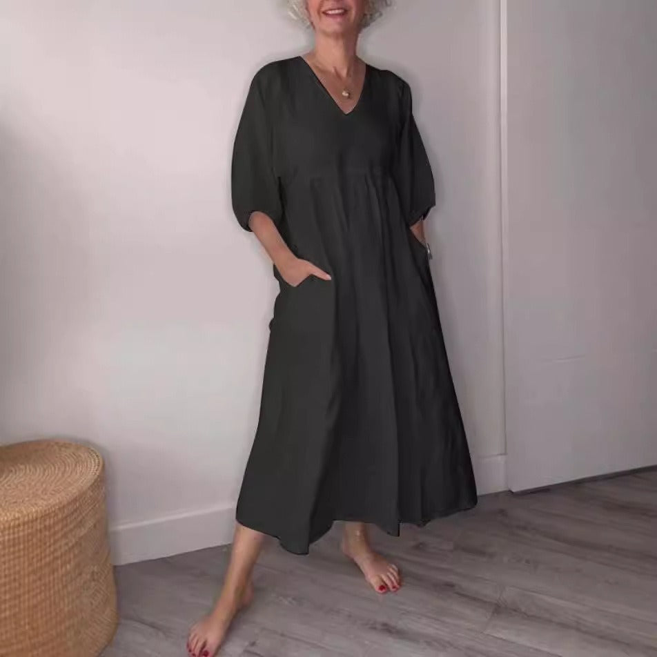 Women’s Midi Dress – Relaxed Fit – Cotton Linen – Deep V-Neck – Cuffed Sleeves – Pockets