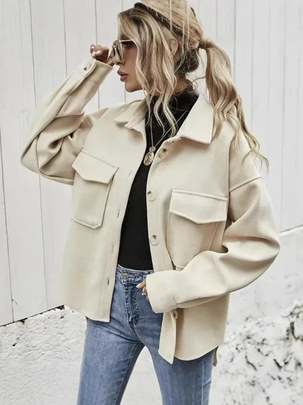 Women’s Wool Coat – Oversized Fit – Button Front – Notched Collar – Flap Pockets