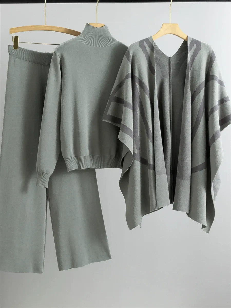 Women’s Three-Piece Shawl Cape Set – Knitted Fabric – Open Front – Geometric Pattern – Relaxed Fit
