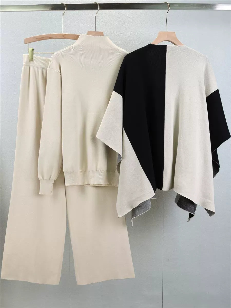 Women’s Knitted Three-Piece Suit – Mock Neck Sweater – Wide-Leg Pants – Cape Layer