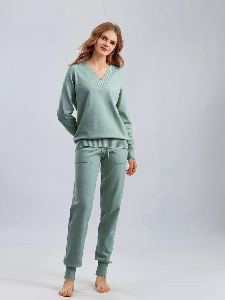 Women’s Knit Lounge Set – V-Neck Sweater – Relaxed Fit Joggers – Ribbed Trim