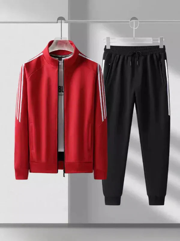 Men's Two Piece Tracksuit Set Regular Fit High Collar Jacket Tapered Joggers Striped Trim Athleisure Wear