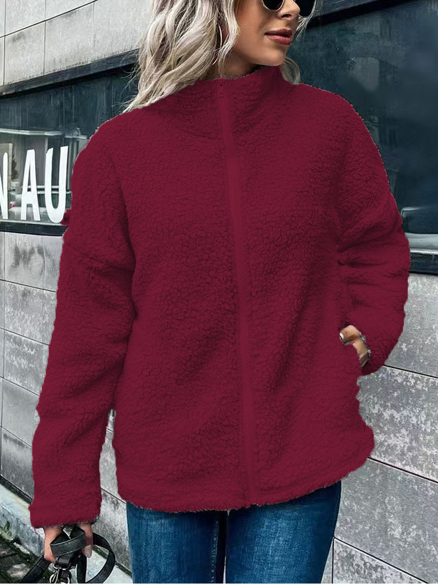 Women’s Fleece Coat – Oversized Fit – Wool Blend – Stand Collar – Long Sleeve Zip