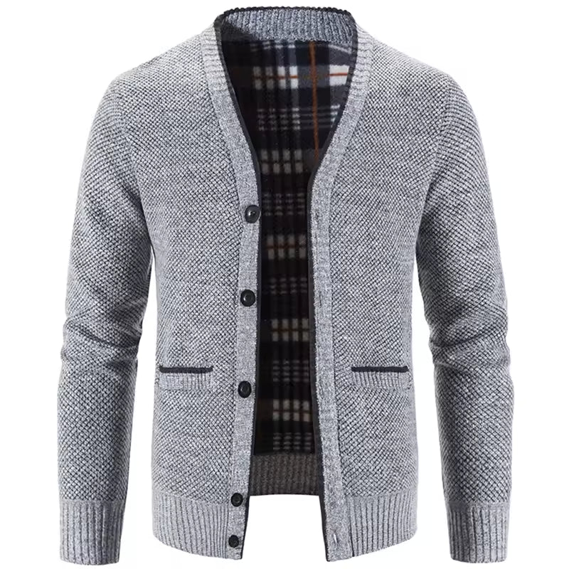 Men's Knit Cardigan Wool Blend Tailored Fit Fleece Lined Button Front Plaid Lining Pockets Nordisk Flair