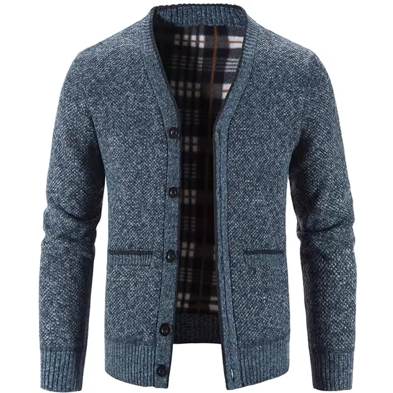 Men's Knit Cardigan Wool Blend Tailored Fit Fleece Lined Button Front Plaid Lining Pockets Nordisk Flair