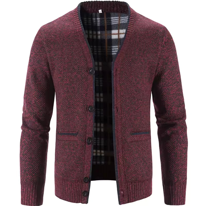 Men's Knit Cardigan Wool Blend Tailored Fit Fleece Lined Button Front Plaid Lining Pockets Nordisk Flair