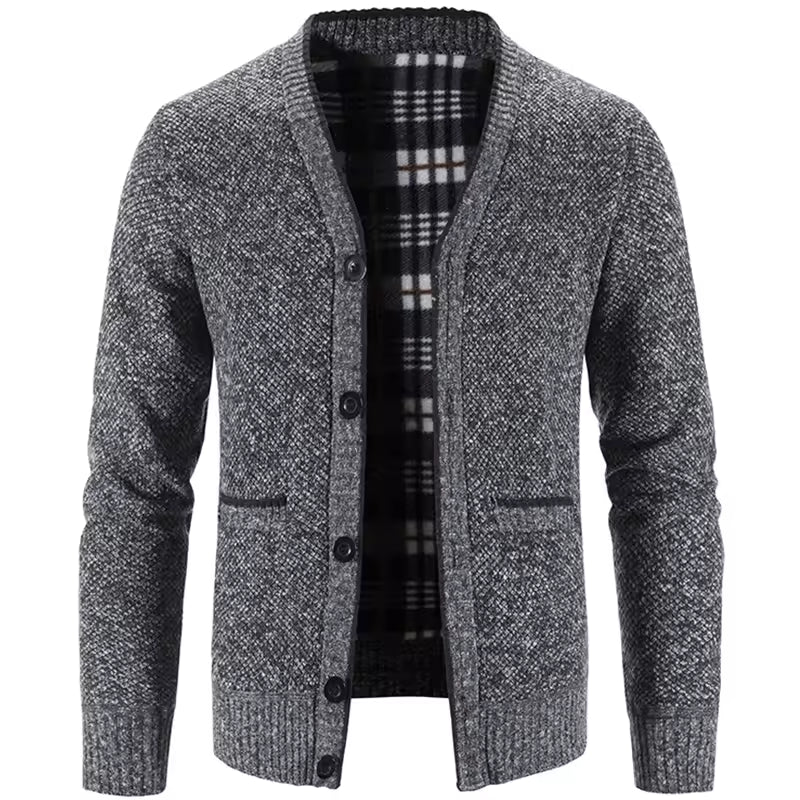 Men's Knit Cardigan Wool Blend Tailored Fit Fleece Lined Button Front Plaid Lining Pockets Nordisk Flair