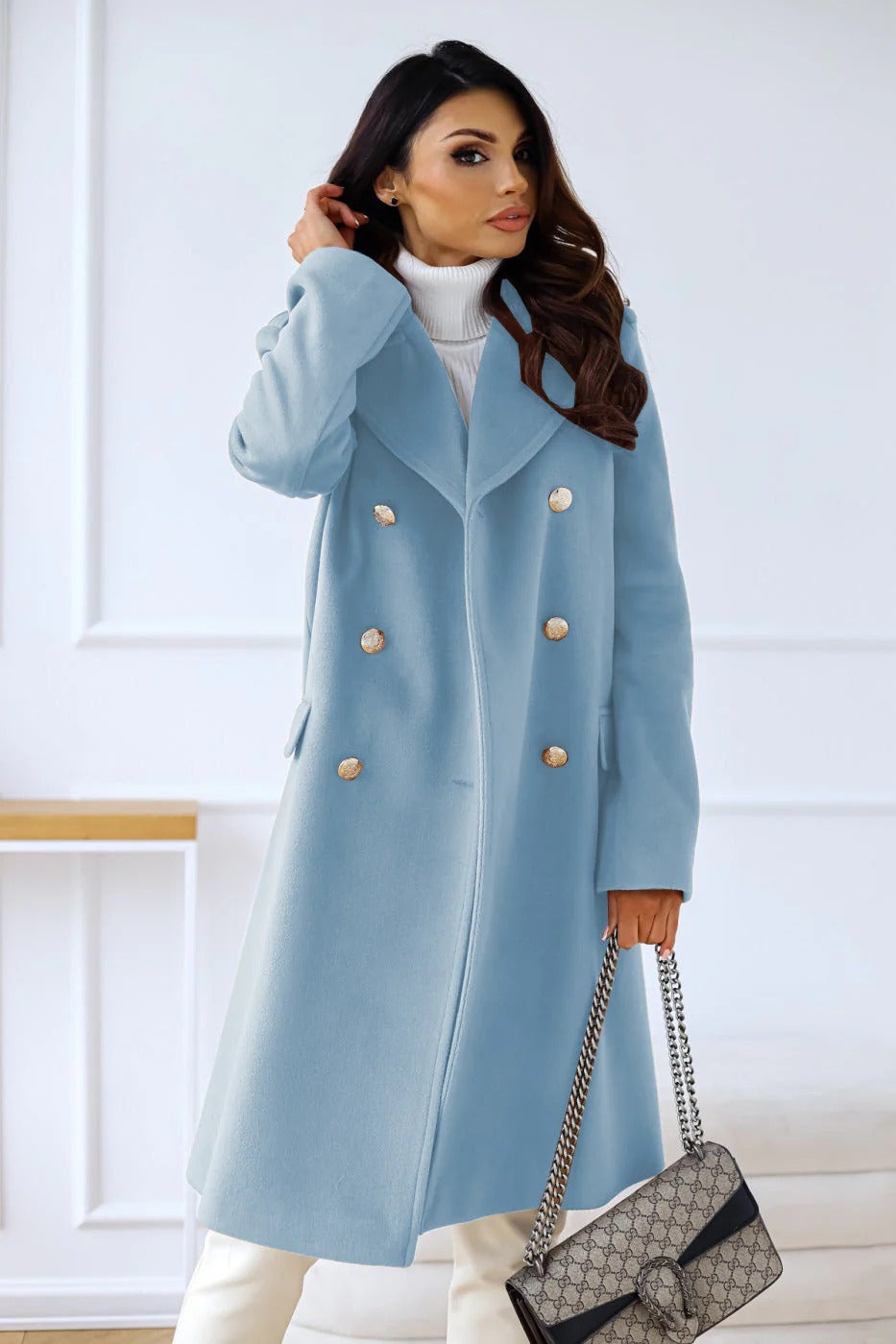 Women’s Long Coat – Wool Blend – Double-Breasted – Tailored Fit – Notched Lapel