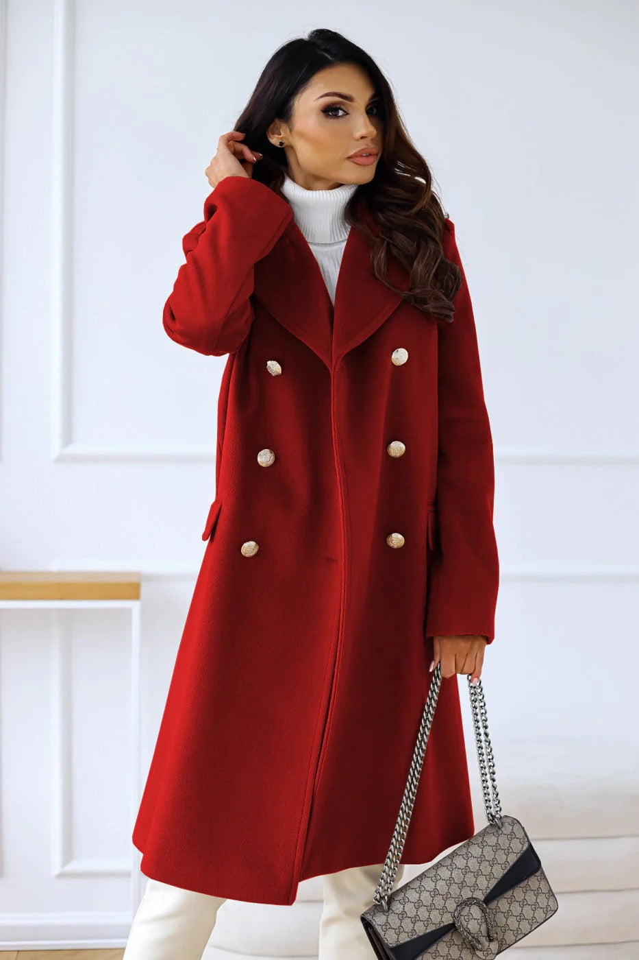 Women’s Long Coat – Wool Blend – Double-Breasted – Tailored Fit – Notched Lapel