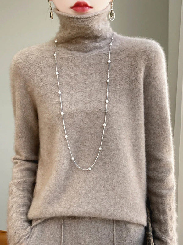 Women’s Turtleneck Sweater – Slim Fit – Wool Blend – Hollow Knit Design