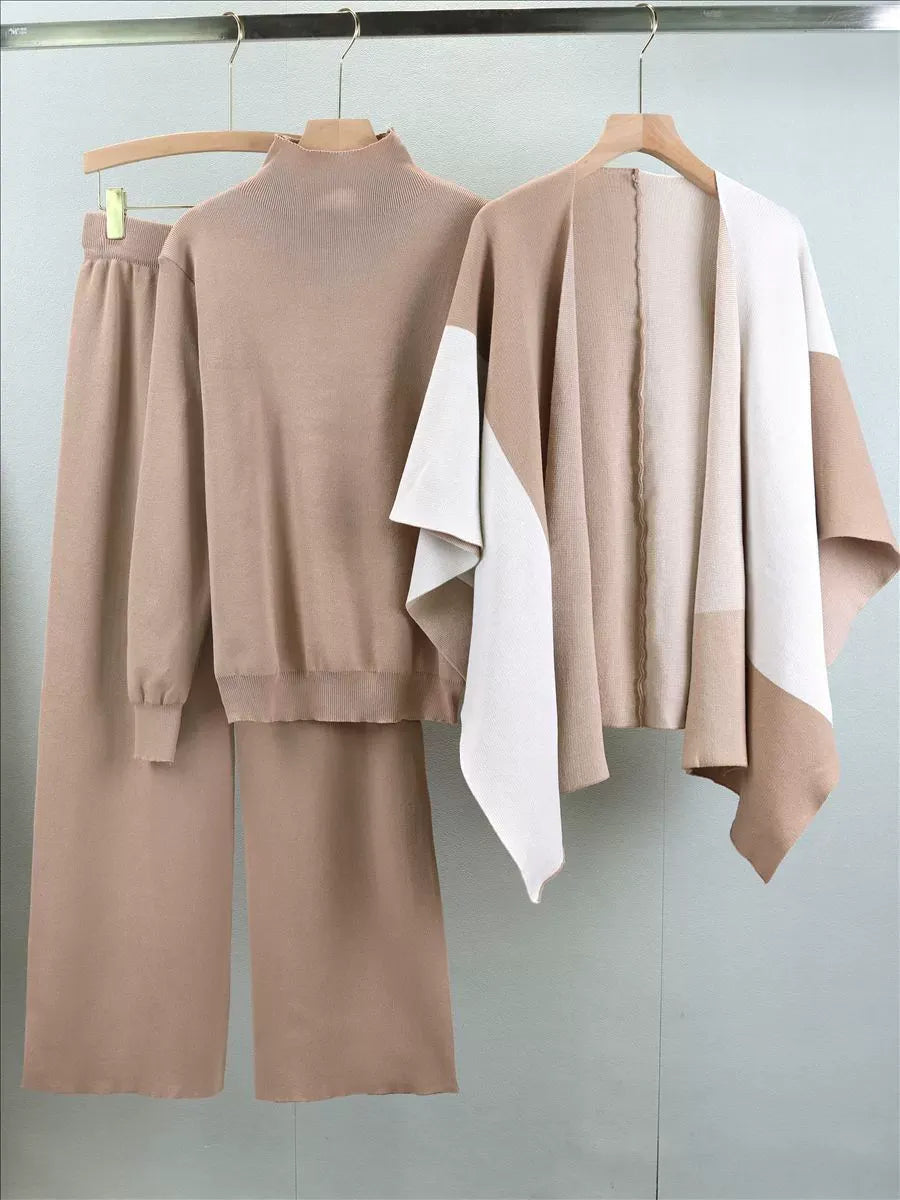 Women’s Knitted Three-Piece Suit – Mock Neck Sweater – Wide-Leg Pants – Cape Layer