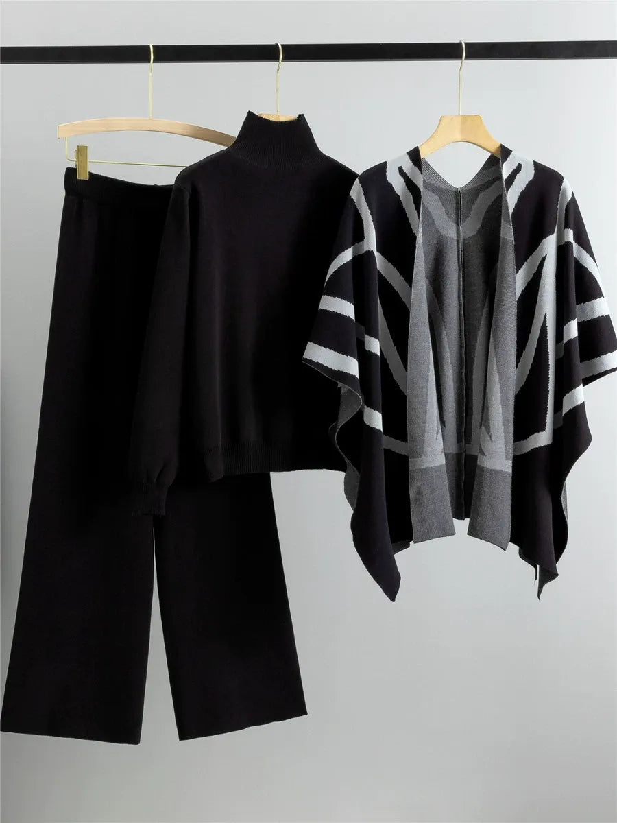 Women’s Three-Piece Shawl Cape Set – Knitted Fabric – Open Front – Geometric Pattern – Relaxed Fit