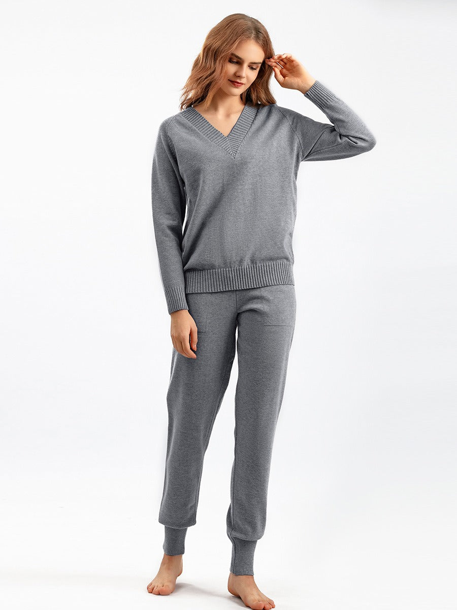 Women’s Knit Lounge Set – V-Neck Sweater – Relaxed Fit Joggers – Ribbed Trim