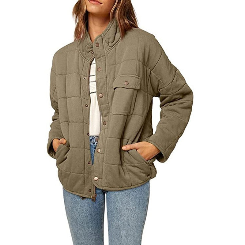 Women’s Quilted Jacket – Loose Fit – Stand Collar – Button Front – Mid Length Casual
