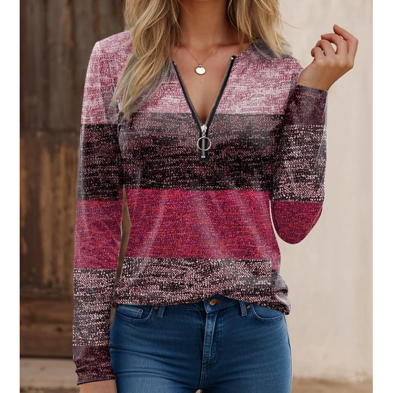 Women’s Long Sleeve Shirt – Knit Fabric – Zipper Collar – Spliced Stripe Print – Regular Fit