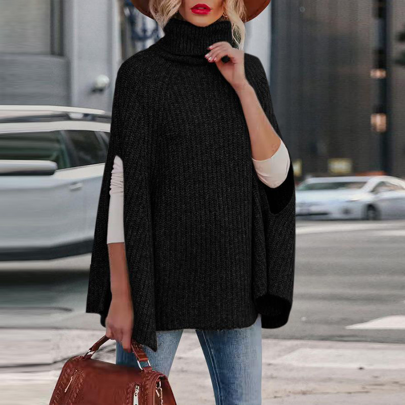 Women’s Cape – Loose Fit – Wool Blend Knit – High Neck – Arm Slit Design