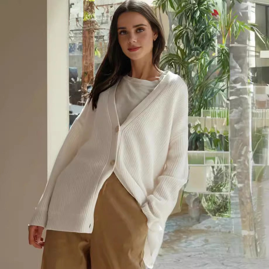 Women’s Cardigan - Cotton Blend - Ribbed Knit - V-Neck - Button Front