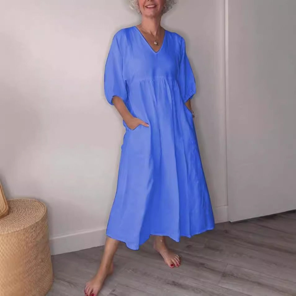Women’s Midi Dress – Relaxed Fit – Cotton Linen – Deep V-Neck – Cuffed Sleeves – Pockets