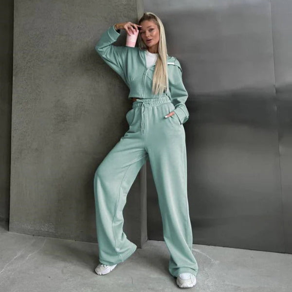 Women’s Two-PieceLounge Set – Relaxed Fit Hoodie Zip Sweatshirt – Wide-Leg Pants – Cotton Blend