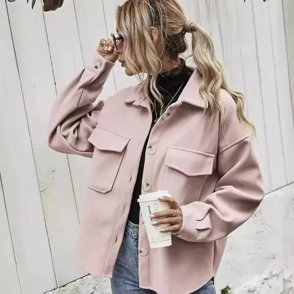 Women’s Wool Coat – Oversized Fit – Button Front – Notched Collar – Flap Pockets