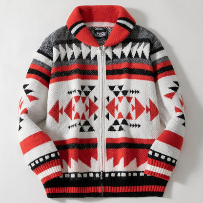 Nordisk Flair Men's Cardigan Jacket Wool Blend Knit Full Zip Shawl Collar Jacquard Pattern