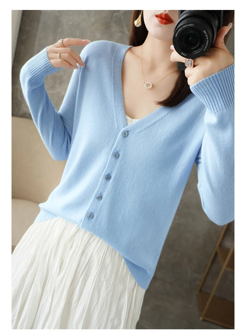 Women’s Cardigan – Wool Blend – Relaxed Fit – V-Neck – Button Front – Ribbed Trim
