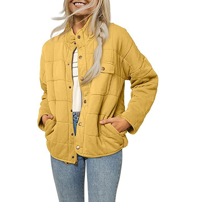 Women’s Quilted Jacket – Loose Fit – Stand Collar – Button Front – Mid Length Casual