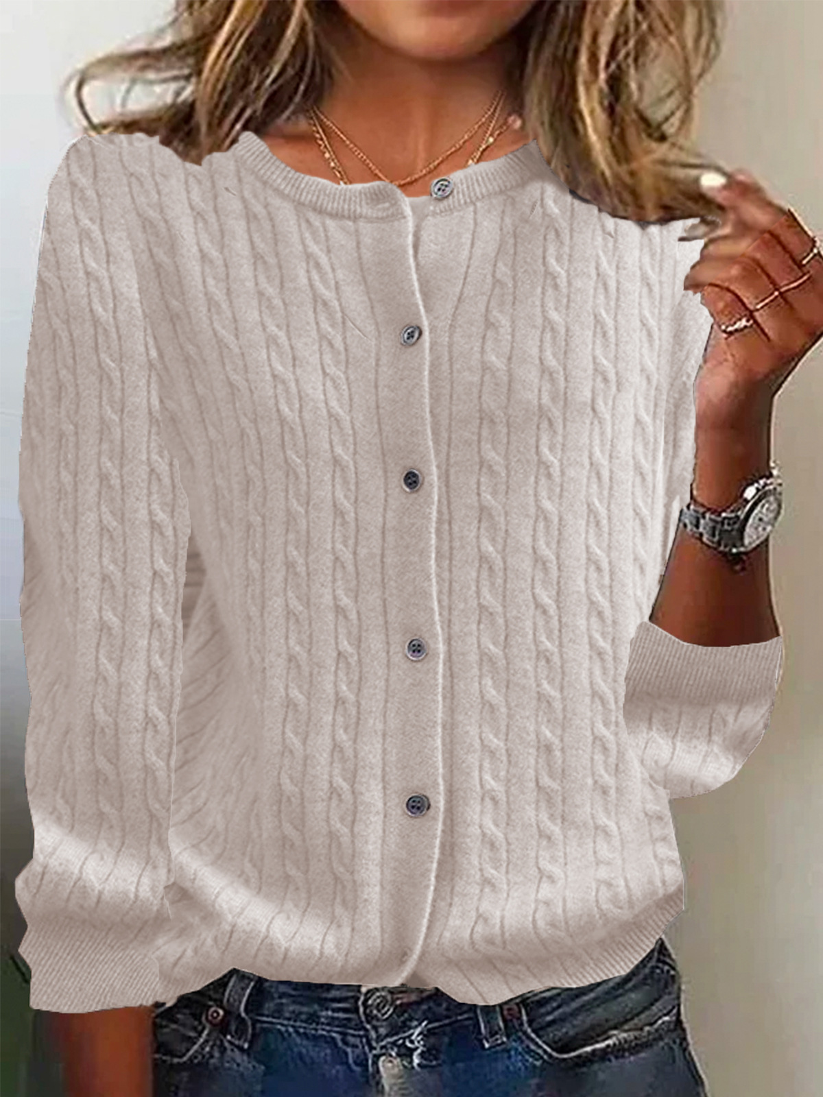 Women’s Cardigan Sweater – Wool Knit – Relaxed Fit – Cable Pattern – Button Front – Long Sleeve