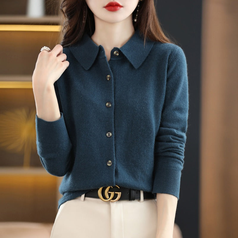 Women’s Cardigan Sweater – Wool Blend – Relaxed Fit – Polo Collar – Button Down