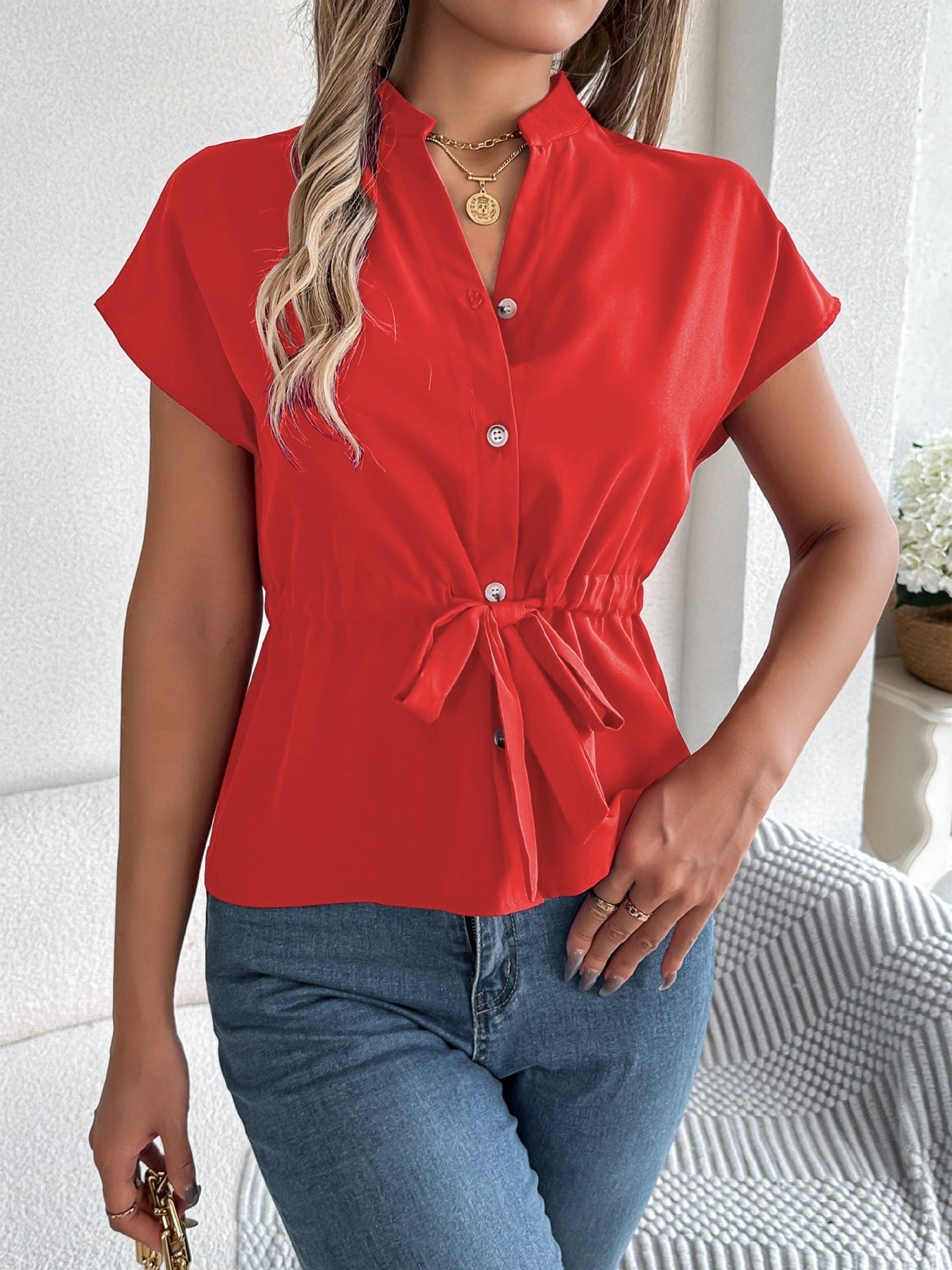 Women’s Short Sleeve Shirt – Relaxed Fit – V-Neck – Waist Tie – Button Front – Cotton Blend