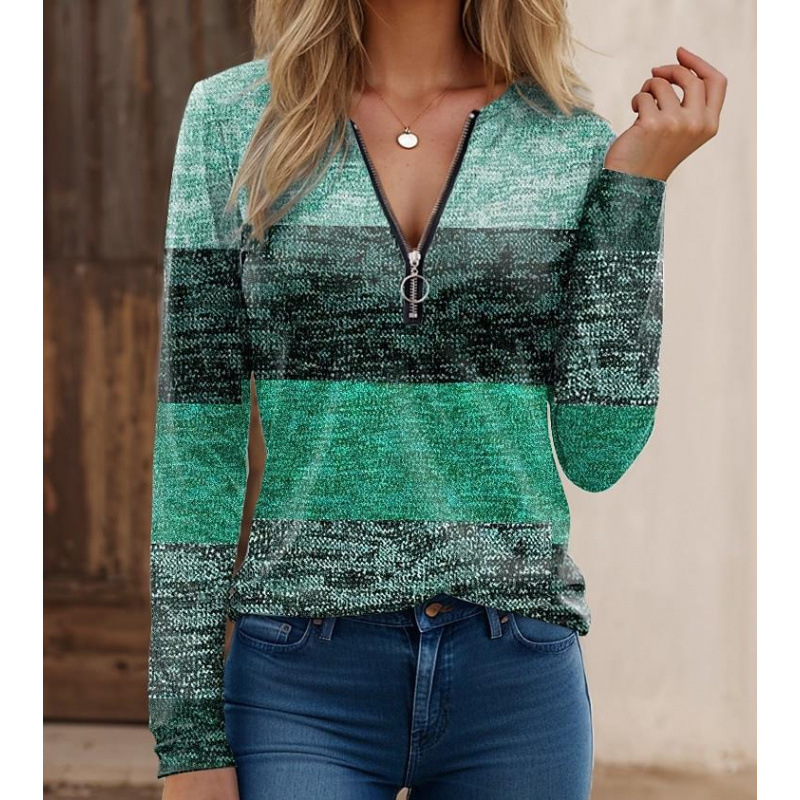 Women’s Long Sleeve Shirt – Knit Fabric – Zipper Collar – Spliced Stripe Print – Regular Fit