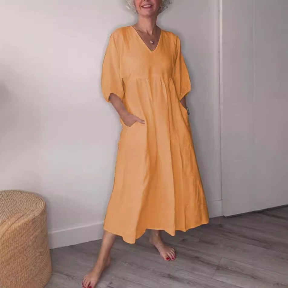 Women’s Midi Dress – Relaxed Fit – Cotton Linen – Deep V-Neck – Cuffed Sleeves – Pockets