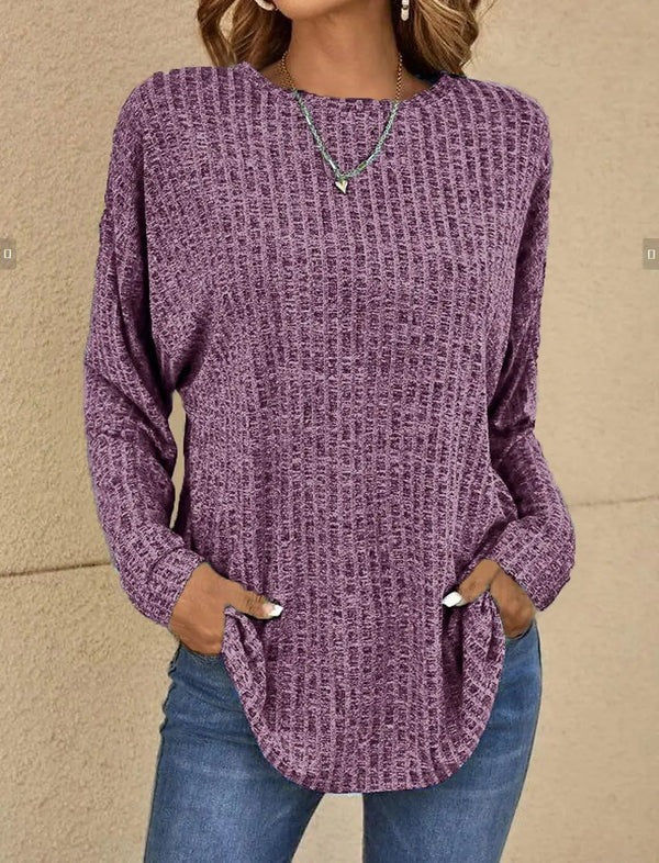 Women’s Long Sleeve Top – Relaxed Fit – Ribbed Knit – Rounded Neck – Hip Length